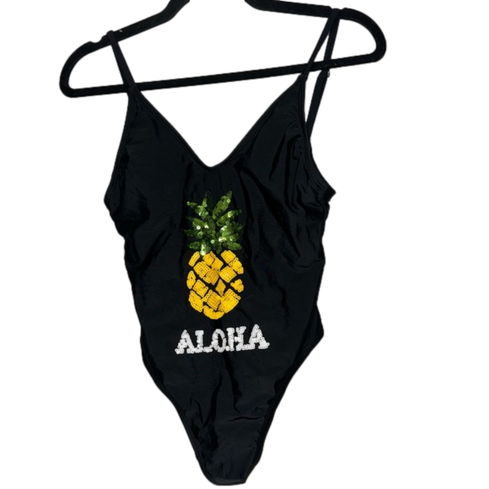 Xhilaration Black Aloha Pineapple Swimsuit, size Medium - Picture 1 of 7